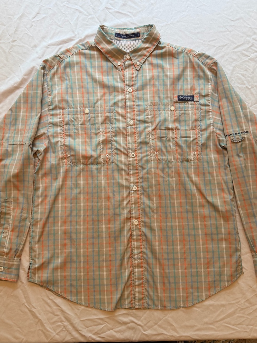 Columbia Men's Super Tamiami Long-Sleeve Plaid Fishing Shirt - Tan/Blue/Orange L
